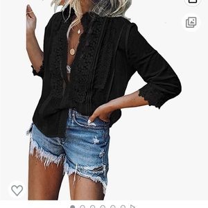 Black lace button front BoHo style angel sleeve shirt